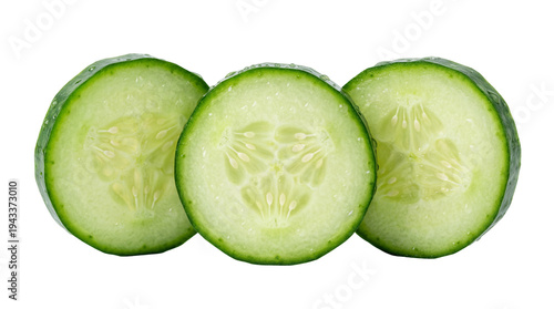фотографія Three fresh green cucumber slices with refreshing water droplets, showing inner