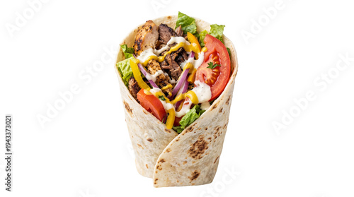 Canvas Print Delicious chicken and beef wrap, filled with fresh lettuce, ripe tomatoes, red o