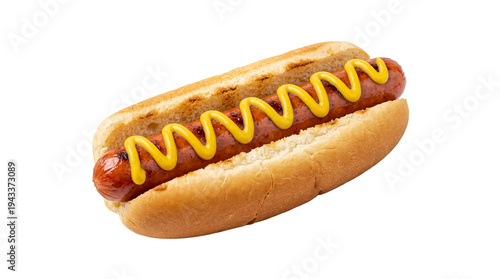 Photos Juicy grilled hot dog with wavy yellow mustard in a golden toasted bun, isolated