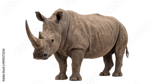 Powerful adult white rhinoceros standing, full body view of the massive African mammal with thick wrinkled skin and a prominent horn, isolated PNG