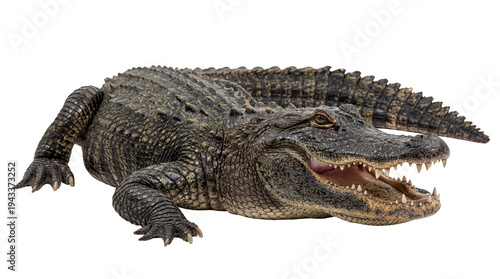 Фотография Powerful American alligator with open mouth and sharp teeth, a formidable reptil