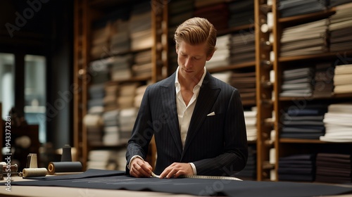 Wallpaper Mural Tailor measuring client for custom suit in fabric-filled studio, bolts of wool and linen stacked on wooden shelves, chalk marks visible on dark material draped across cutting table, ideal for Torontodigital.ca