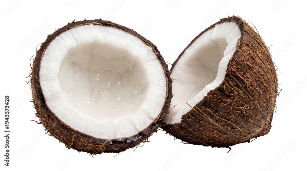 Naklejka premium Fresh organic coconut cut in half, revealing white flesh and water, a tropical fruit isolated PNG on transparent background