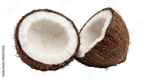Fresh organic coconut cut in half, revealing white flesh and water, a tropical fruit isolated PNG on transparent background