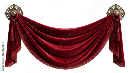 Foto Rich red velvet draped swag with ornate antique brass holders and tassels, isola