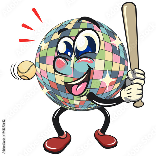 cute disco ball mascot character playing baseball ready to hit the ball with the bat, isolated vector illustration, work of hand drawn