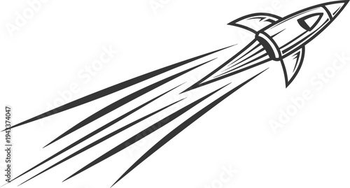 Black and white of a speeding rocket ship with motion lines spaceship dynamic