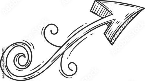 Hand drawn black arrow with swirling tail and motion lines spiral