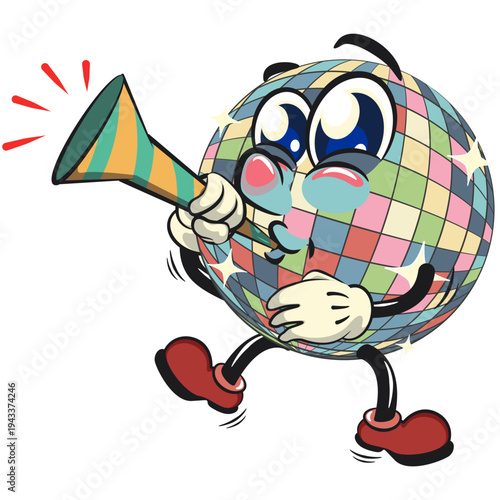 cute disco ball mascot character blow the party horn trumpet, isolated vector illustration, work of hand drawn