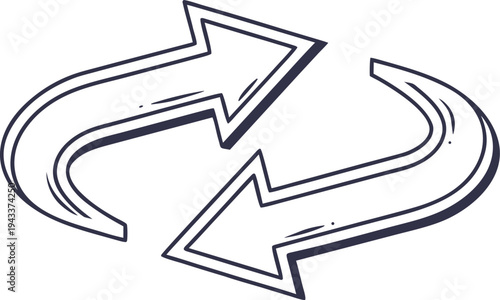 Double circular arrows with sharp turns and dark blue outline on white background