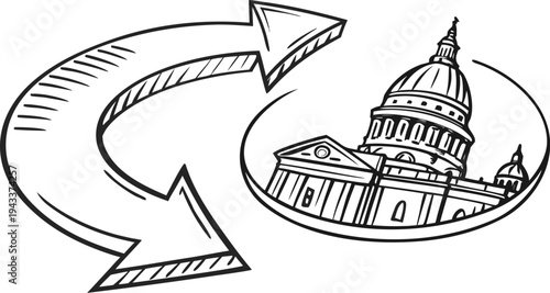 Hand drawn loop arrow doodle forming circular motion around government building