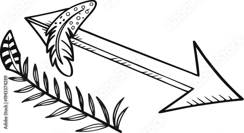 Hand drawn black arrow with feathers and leaves on white background dashed line doodle