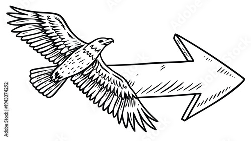 Hand drawn bird flying with double headed arrow eagle wings spread