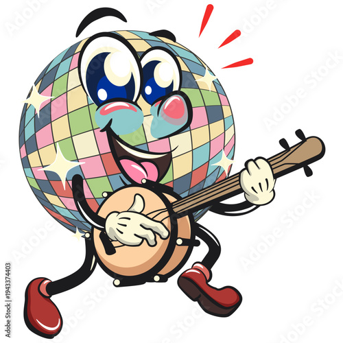 cute disco ball mascot character playing the banjo musical instrument with smiling, isolated vector illustration, work of hand drawn