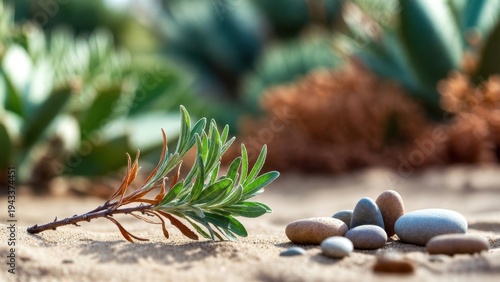Soft light glows on desert stones and greenery