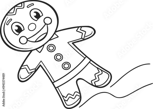 Simple gingerbread man running with icing details cartoon line black and white smiling