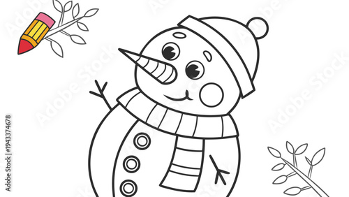 Cute snowman wearing hat and scarf with branches and colored pencil cartoon coloring page