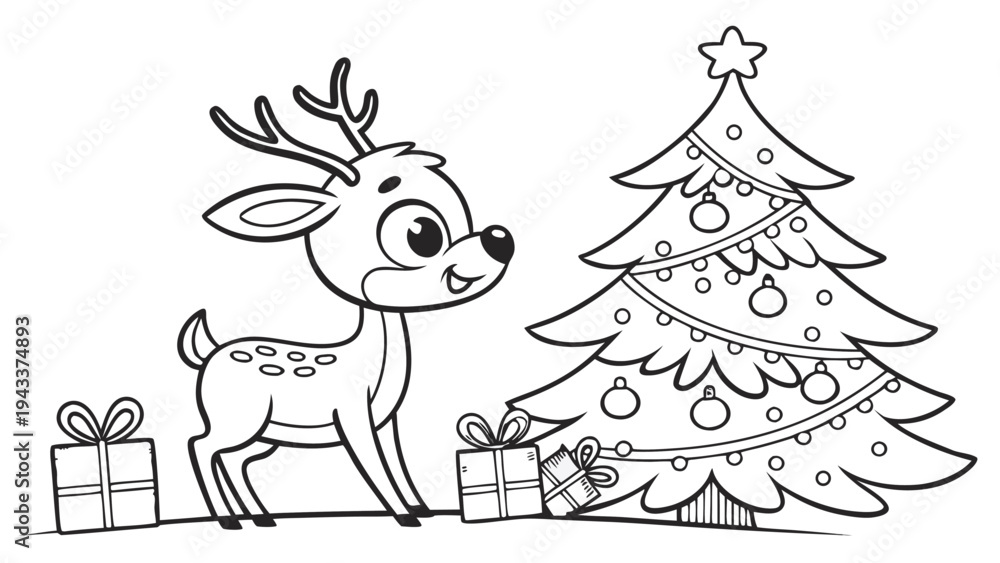Naklejka premium Cute deer standing next to christmas tree and presents reindeer gifts