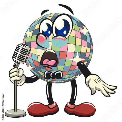 cute disco ball mascot character on front of the mic, isolated vector illustration, work of hand drawn