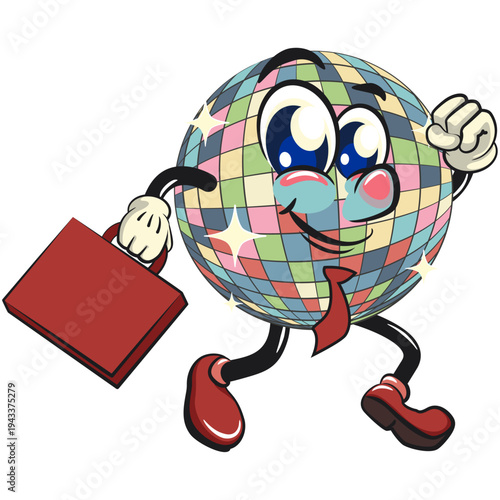cute disco ball mascot character with a suitcase rushing to the office, isolated vector illustration, work of hand drawn