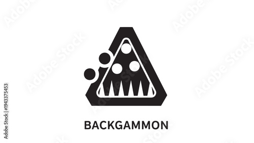 A stylized black and white logo of a backgammon game, featuring a triangular board with game pieces, symbolizing strategy and skill in a modern aesthetic.