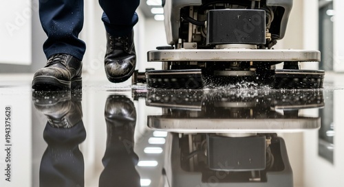 A low-angle, close-up shot of a person operating an industrial floor cleaning machine on a shiny, reflective floor.