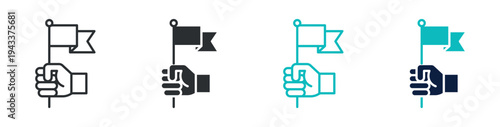 Achievement flag icon set, goal success victory flag in hand symbol, outline and solid and color style. Vector illustration.