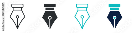 Fountain pen nib icon set, ink pen writing calligraphy stationery symbol, outline and solid and color style. Vector illustration.