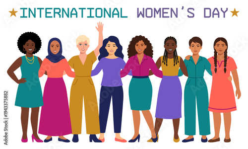 Diverse group of women standing together for International Womens Day banners for website and market