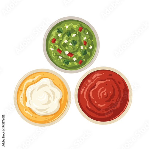 A trio of colorful dipping sauces.