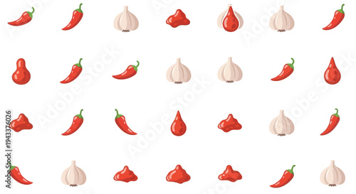 Collection of red chili peppers and garlic.