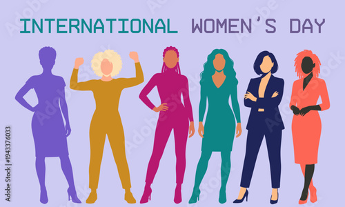 Diverse group of women standing together for International Womens Day celebration social media work