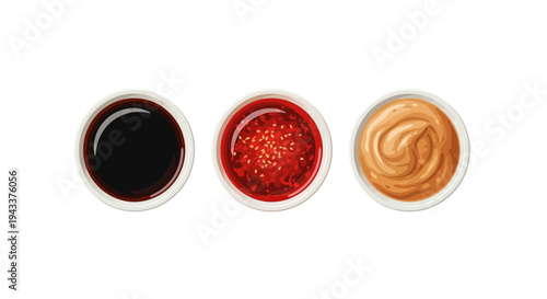 Three small bowls of sauce and condiments.