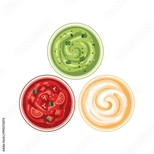 Three bowls of colorful dip sauces.