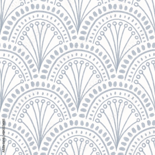 Art deco fan repeat pattern, minimalist scallop geometric wallpaper in soft blue grey