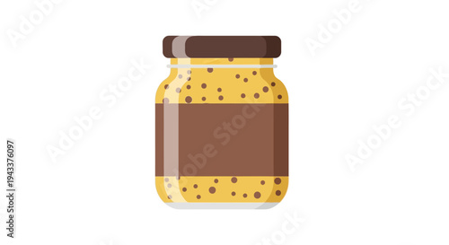 A jar of yellow spread with brown spots.