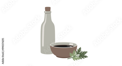 Aromatic liquid in a bottle with a bowl of dark essence and a sprig of green herb, representing culinary ingredients for seasoning and flavoring food, perfect for recipes and cooking