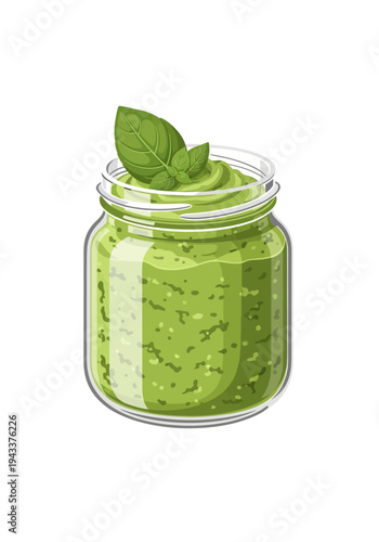 Delicious homemade pesto sauce in a glass jar with a fresh basil leaf on top, perfect for pasta and sandwiches, a vibrant green culinary delight