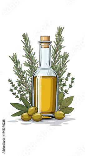 A clear glass bottle filled with golden olive oil, surrounded by fresh green olives and aromatic herbs like rosemary and thyme, suggesting natural flavors and healthy ingredients for culinary use