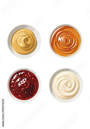 Four bowls of various dipping sauces, including ketchup, mustard, mayonnaise, and barbecue sauce, are arranged in a symmetrical pattern on a white background, offering a flavorful culinary experience