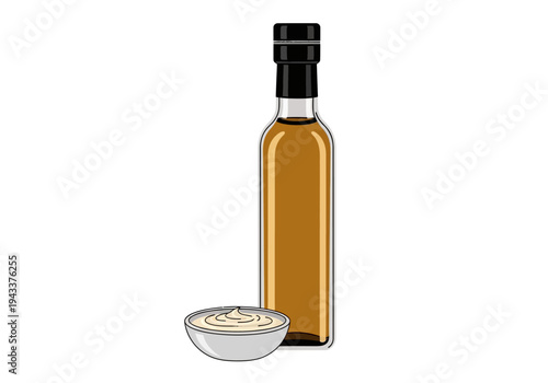 Bottle of oil and small bowl.