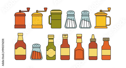 Colorful flat design vector set illustrating kitchen essentials various spice mills, classic salt and pepper shakers, and a range of sauce bottles for culinary themed designs and cooking concepts