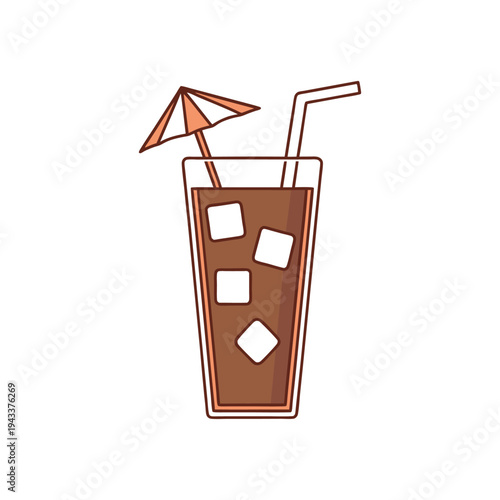 Brown cold drink with ice cubes and umbrella straws  refreshing summer beverage