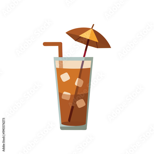 Cartoon illustration of cold iced brown drink in tall glass with umbrella and straw