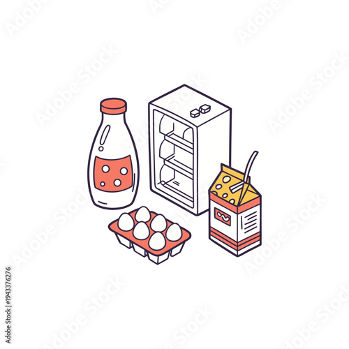 Cartoon illustration of fridge eggs milk bottle and juice box on white background