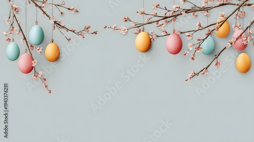 Colorful Easter eggs hanging on flowering branches against background  