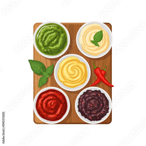 A variety of colorful dips on a wooden board.