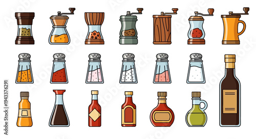 Stylized array of pantry staples spice grinders, salt and pepper shakers, and an assortment of cooking sauces and oils, depicted in a contemporary vector art style with bold outlines and flat colors