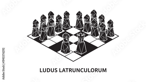 A stylized illustration of the ancient Roman board game Ludus Latrunculorum with black and white pieces on a checkered board, set against a clean white background.