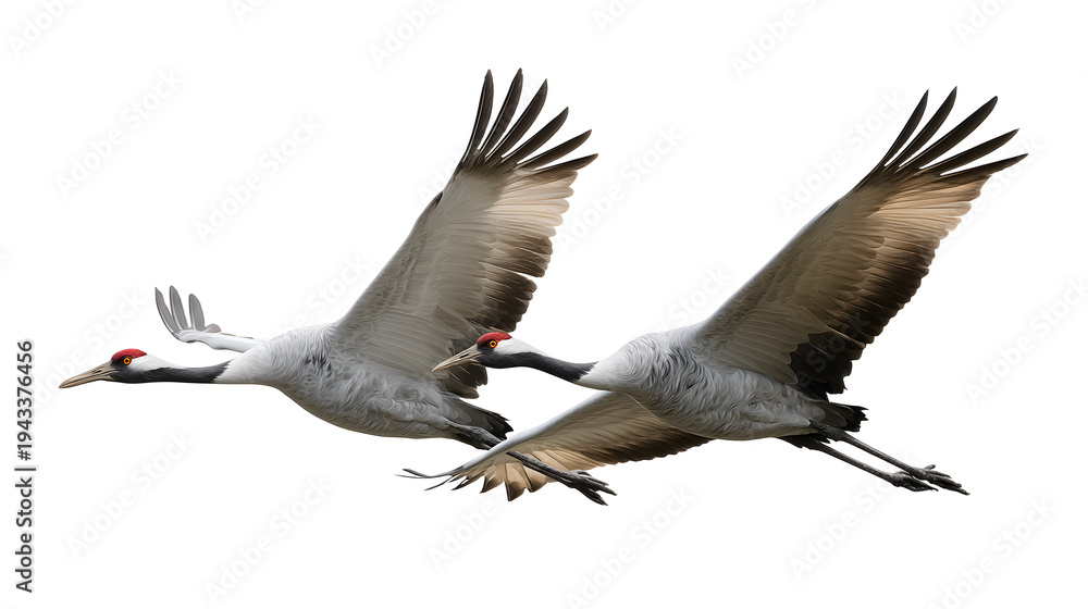 Obraz premium Ultra realistic HD flying cranes pair mid-air wings extended, isolated on white background